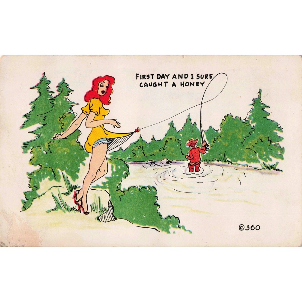 Vintage Kromekolor Comic Postcard Fishing Humor Pinup First Day Caught A Honey